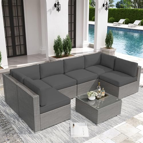 Crownland 7 Pieces Outdoor Patio Furniture Sets, All-Weather Gray Wicker Rattan Sectional Sofa, Modern Glass Coffee Table and Washable Seat Cushion with Zipper(Grey)