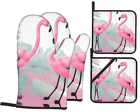 4 pezzi Presine E Guanti Da Forno Flamingo Printed Guanti Da Barbecue Divertenti Guanti Da Cucina Per Cucinare, Cottura Al Forno, Cucina