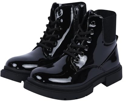 A2Z 4 Kids Girls Teens Ladies School Shoes Lace Up Patent Boots Ankle Combat - Boots Lace & Shine Black 3 UK