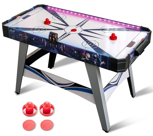 GYMAX Air Hockey Table, 54 Inch Arcade Style Air Hockey Game Table with LED Lights & Scoreboard, Powerful 12V Motor, 2 Pushers, 2 Pucks, for Kids & Adults, Home, Game Room and Office