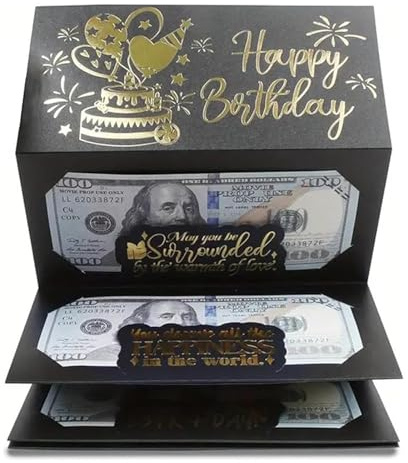 Biglietto Auguri Compleanno per Regali in Contanti con Busta, Busta per Biglietti Auguri Compleanno per Contanti a Sorpresa, per Uomo, Donna, Ragazze e Ragazzi, Nero Oro