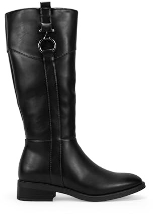 BOSANOVA Botas Altas para Mujer Estilo Bota de Montar de Punta Redonda, Pieza metálica y Suela Plana con tacón de 3.5 cm. Cierre con Cremallera Interior. Calzado para Mujer Negro 37
