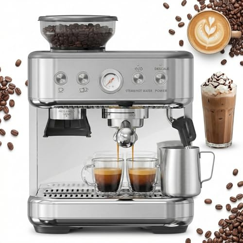 Siebträgermaschine Mit Mahlwerk & 15 Bar Druck, Espressomaschine Mit 15 Mahlgraden, 1350W, 2,3L Wassertank, PID, Manometer, Dampf-/Heißwasser-Düse, Kaffeemaschine Mit Barista-Kit, Für Büro Und Café