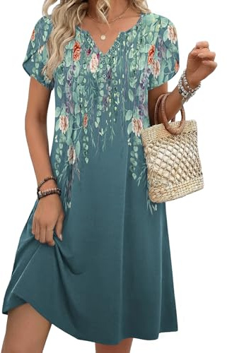 Zeagoo Vestido de Mujer para Verano Manga Corta Escote en V Elegant Vestido | Informal en A con Botones y Bolsillos S-XXL