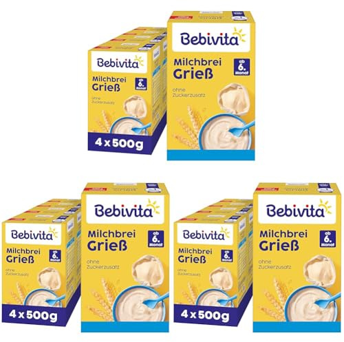 Bebivita Milchbrei Grieß (4x500g), Babybrei ab 6. Monat, ohne Zuckerzusatz, mit wertvollen Mineralstoffen und Vitaminen, gut sättigend (Packung mit 3)