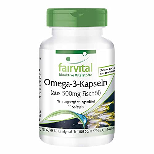 Fairvital | Omega-3 capsules d'huile de poisson - 500mg 1 mois - Fortement dosé - 90 gélules - avec l'EPA et le DHA