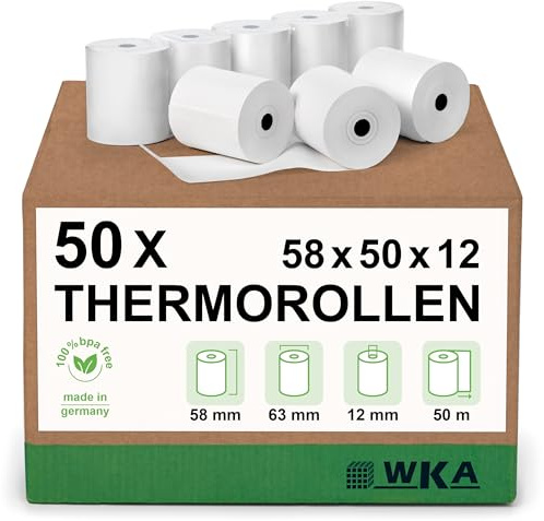 WKA Thermorollen, 58 mm x 50 m x 12 mm, weiß, 50 Rollen | für Sharp ER-A220 XEA213 ER-A770M ER01PU ER-A490 UP-700 UP-600 XE-A213 XE-A201 XE-A202 XE-A113 XE-A203 XE-A212, Bonrollen