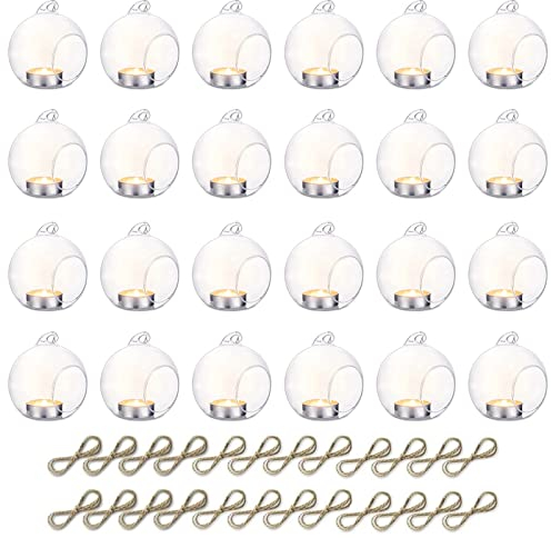 Nuptio 24 Pcs 8cm Diameter Hanging Glass Tealight Holder Globe Plant Terrariums/Glass Orbs Air Plants Tea Light Candle Holders Succulents Moss Miniature Garden Planters Christmas Halloween Home Decor