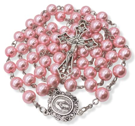 Nazareth Store Rosenkranz mit rosa Perlen, 8 mm, Wundermedaille und Kreuz, 50,8 cm, Perle, 50 cm, Glas, kein Edelstein