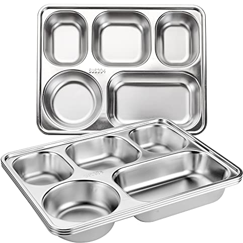 Tebery 3 Pack Stainless Steel Rectangular Divided Plates Tray, 5 Sections Dinner Plates for Adults,Kids, Picky Eaters, Campers, and Portion Control, 28x22x4.3cm