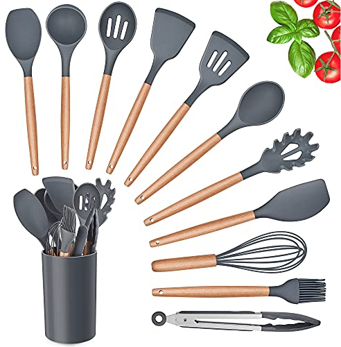 Herogo Set di utensili da cucina, 12 pezzi, set di posate resistenti al calore, con manico in legno, antiaderenti, utensili da cucina con supporto, paletta e pinza, colore: grigio
