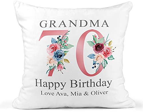70th Birthday Gift for Women, Personalised Cushion/Pillow with Kids Names and Floral Design, Birthday Gift for Mum, Birthday Gift For Nanny/Grandma, 1951