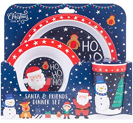 RSW INTERNATIONAL Christmas 3 Piece Melamine Feeding Set Cup Bowl Plate Santa and Friends