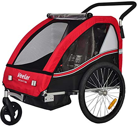 Veelar Bike Trailer & Stroller 2 in 1 Double Seat for Toddlers, Kids, Child Bicycle Carrier Jogger (Red/Black)
