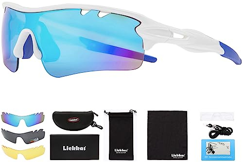 Liekkas Lunettes de soleil de sport polarisées pour homme et femme avec 3 verres interchangeables pour course à pied, cricket, VTT, cyclisme, One Size