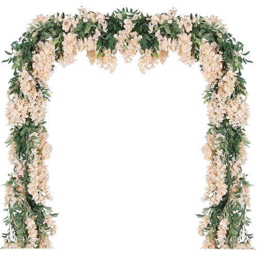 Duovlo 4Pcs 6.6Ft/Piece Imitation Silk Wisteria Garland Hanging Flower Vine for Home Outdoor Garden Ceremony Wedding Arch Floral Decor (Champagne)