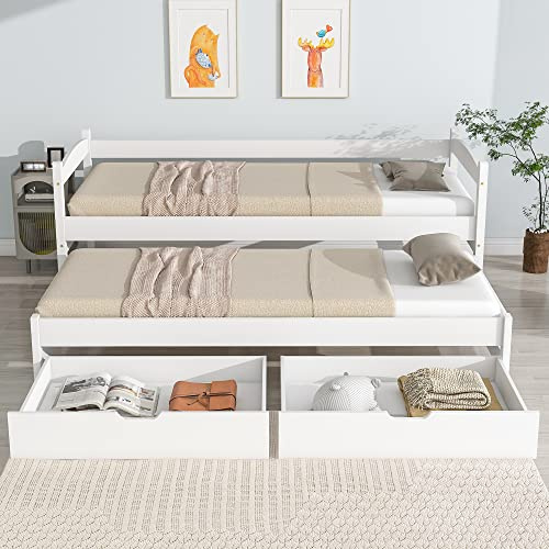 KecDuey Cama individual y doble, cama deslizante con ruedas inferiores, con 2 cajones de MDF, marco de madera maciza, blanco (200 x 90 cm/190 x 90 cm)