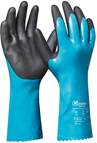 Gebol - Grip Tech Gants longs en caoutchouc contre les produits chimiques, l'acide, l'huile et la graisse, imperméables et antidérapants, contenu : 1 paire, taille L (Taille 9), couleur : bleu bleu |