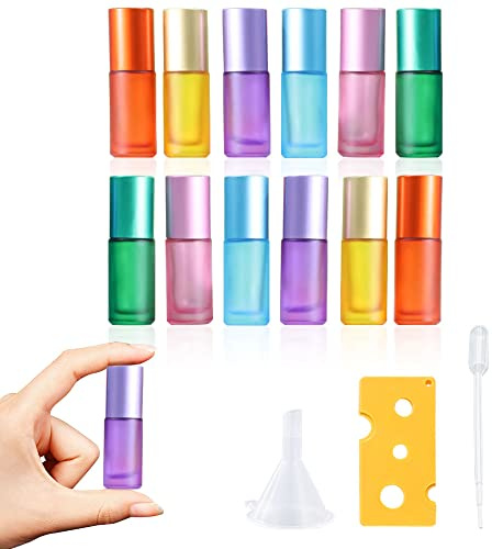 NAJILI 12 Pieza Botellas Roll On de Cristal para Aceites Esenciales, 5ml Recargables, Vidrio Esmerilado para Aromaterapia