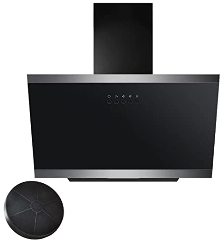 YUNA Dunstabzugshaube DULCIA | 60cm Breite | mit 47W Motorleistung | Schwarze Glasfront | 3 Leistungsstufen | Abluft & Umluft | Energieeffizienz A | LED-Beleuchtung (inklusive Kohlefilter)