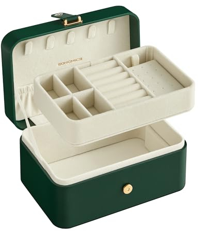 SONGMICS Schmuckkästchen Reise, Schmuckkasten klein, 2 Ebenen Schmuckaufbewahrung, tragbar, Schmuck-Reiseetui, für größere Accessoires, 11 x 16 x 8 cm, Geschenkidee, weihnachten, waldgrün JBC166C01