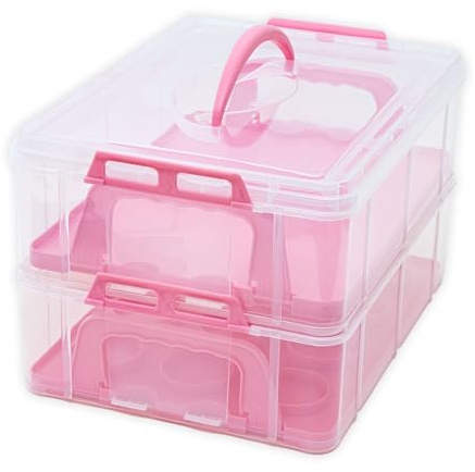 INTIRILIFE Caja de transporte Contenedor para tartas y cupcakes 2 pisos de plástico en color rosa - 36,1 x 26,1 x 21,2 cm - Contenedor de transporte para magdalenas caja para tartas