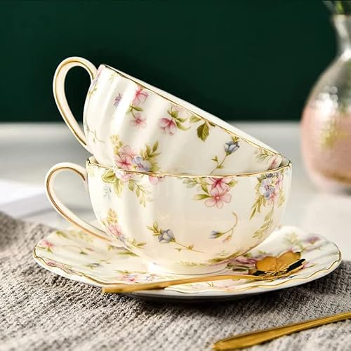 Service à Café Service à thé fleurs tasse à café en céramique Style costume tasse à thé et soucoupe à bord doré de haute qualité avec une cuillère Porcelaine Anglaise ( Color : 2 piece Style H , Size