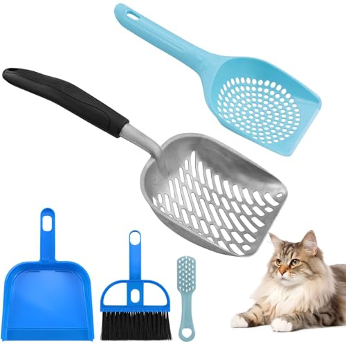 4 pezzi pala per la pulizia della lettiera per gatti, in alluminio resistente, manico lungo in silicone, pala profonda con piccoli fori, in plastica, pala per gatti (blu)