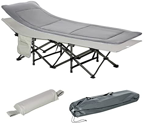 Outsunny Letto da campo pieghevole con materasso, poggiatesta, tasca laterale e borsa integrata, lettino sdraio in metallo e tessuto Oxford, 188 x 64,5 x 53 cm, carico 150 kg, grigio chiaro