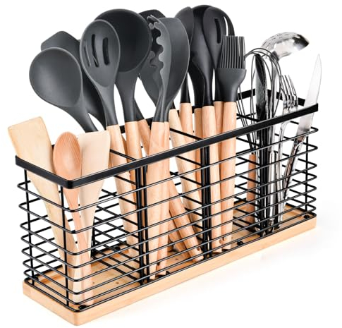 Gflyyue Large Utensil Holder for Kitchen Counter, Large Black Stainless Steel Utensil Crock with Wooden Base,Anti-Slip Mat, 4 Compartments, Kitchen Utensil Holder Organizer (Four)