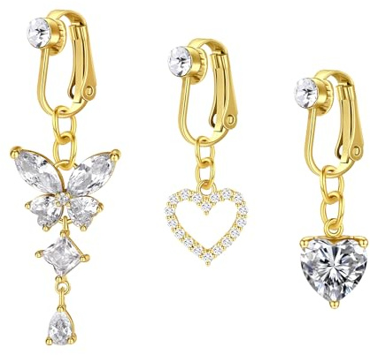 MODRSA 14G Faux Piercing Nombril Acier Chirurgical Papillon Forme Cœur CZ Faux Percing au Nombril Or Piercing Nombril Anneau Clip On Pour Femmes