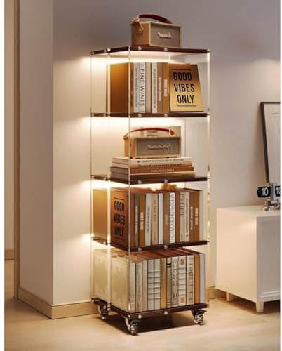 Generisch Drehbarer Bücherregalturm mit 3/4/5/6 Ebenen, 360 ° bodenstehendes Bücherregal, Lagerregal, 360 Grad drehbares Bücherregal, transparentes Acryl-Bücherregal, drehbares Bücherregal mit Rädern