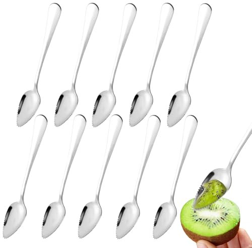 EXIN DEHCEN Kiwilöffel 10-teilig, Kiwi Löffel Spoon, Pampelmusenlöffel 16 cm, Edelstahl Grapefruitlöffel mit Zacken, Obstlöffel Mit Wellenschliff für Obst, Desserts, Kiwi, Äpfel, Grapefruits (Silber)