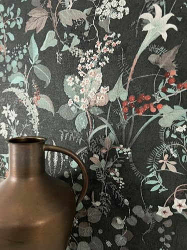 Newroom Vliestapete Dschungel Schwarz Tapete Wohnzimmer | Botanisches Muster mit Blättern, weißen Blüten und roten Beeren, matte feine Struktur, Mustertapete für Schlafzimmer und Flur