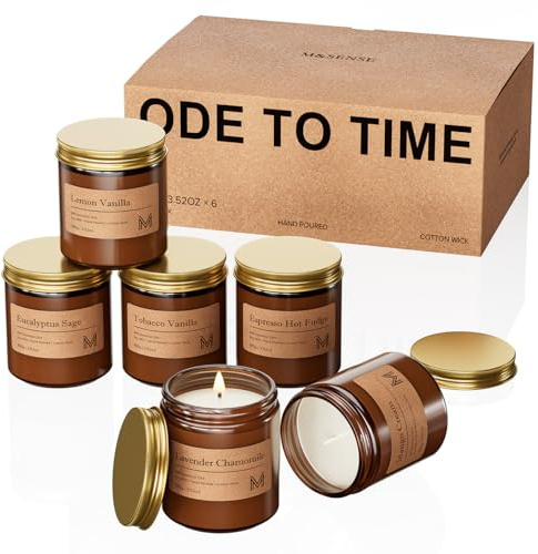 M&SENSE 6 Set Candele alla Soia 100g, Lavanda/Eucalipto/Tabacco/Espresso/Limone/Mango, Naturale Non Tossico, Vetro Marrone Vintage, Mano Colata per Aromaterapia Relax, Confezione Regalo di Lusso Mamma