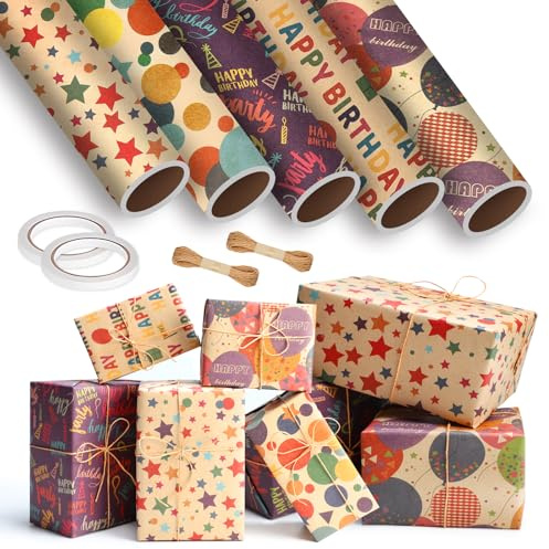 JeTuvlie Geschenkpapier Geburtstag, 5 Rollen Kraftpapier Geschenkpapier Kinder(43 cm x 300cm) mit Hanfseil & Doppelseitiges Klebeband für Junge Mädchen Kindergeburtstag Gastgeschenke