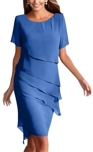 Kleid Hochzeitsgast Damen Knielang Abendkleider Elegant für Hochzeit A Linie Chiffon Sommerkleider Damen Leicht Und Luftig Festliche Kleider Frauen Sommer mit Ärmel Schickes Chiffonkleid