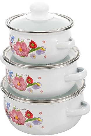 Ipetboom 3pcs Enamel Stock Pot Set with Lid, Non-Stick Household Soup Pots Featuring Heat Preservation, Flat Bottom and Beautiful Flower Pattern, for Cooking Stew and Everyday Style