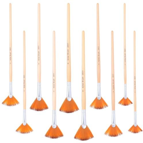 XLIUAX Juego de 10 pinceles de abanico, pinceles de abanico para pintar, pinceles de pintura con mango largo de madera con cerdas de nailon para artistas, acrílico, óleo, acuarela, gouache, kits de