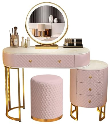 Romyqpipy Toilette Moderna con Specchio Led E Luci, Illuminazione Regolabile, Toilette Trucco con 5 Cassetti, Sgabello, Installazione Flessibile, Postazione Trucco per Soggiorno O Camera Da Letto