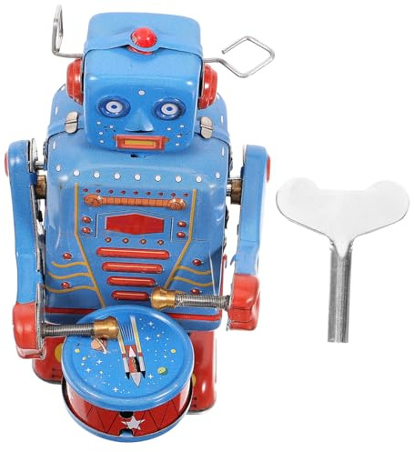 Vintage Wind up Robot Toy Tinplate Drumming Collectible for Adults | Vintage Wind up Robot Toy, Retro Clockwork Drummer Figure, Blue Tinplate Collectible