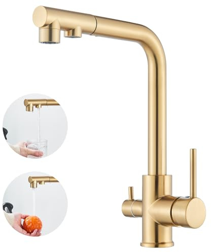 HARNART Robinet de Cuisine Brossée Gold à 3 Voies,Robinet d'eau Potable Mélangeur d'évier Pivotant à 360° avec Double Levier,filtre à eau 3 en 1 Robinet de Cuisine Pour 1 Trou