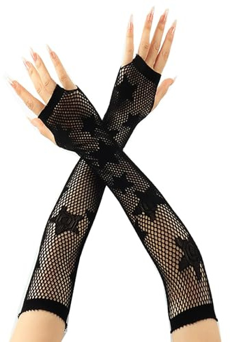 Gants de Fête Femme, Gloves Filet de Pêche, Longs Gants en Résille, Noir Fishnet Gloves, Sans Doigts, Élastiques et Respirants, Accessoire de Costume, pour Cosplay, Halloween et Carnaval (A)