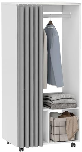 HOMCOM Armoire penderie Mobile Dressing avec Rideau Armoire de Rangement 4 roulettes avec Tringle de Suspension et étagères, penderie vêtement Roulant pour Chambre, 60 x 40 x 128 cm Blanc