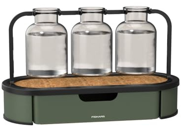 Fiskars Urban Plant Care Anzuchtstation, Für bis zu 3 Stecklinge | 3 Glasgefäße und Metallständer mit Aufbewahrungsbasis, Olivgrün, 1080912