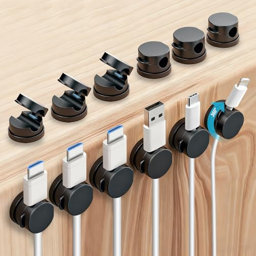 OneLeaf 12 Pack 360 ° Swivel Spring Cable Holder Clips, 1s Lock Self-Adhesive Cable Tidy Clip, No-Residue Desk Cable Management Organiser for Charging Cable, Bedside Table, Car, Office, Home, Black