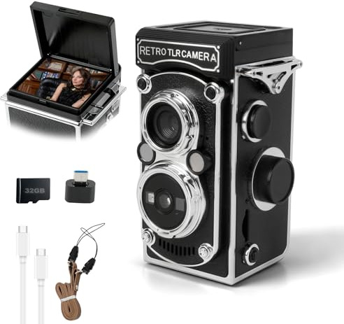 Retro Mini Digital Camera, 48MP Image Resolustion Vintage Hand-Crank Digital Camera with 32GB Memory Card 1.54 Screen 1080P Video Night Vision for Beginners Adults Teens (Black)