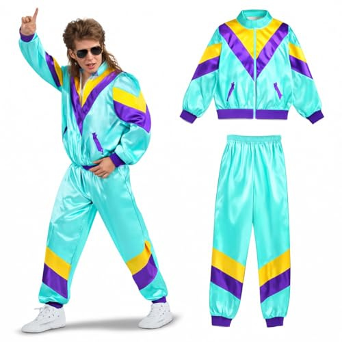 80er 90er Jahre Outfit Retro Bad Taste - Trainingsanzug Overall - Herren & Damen - Fasching & Karneval - Jogginganzug (blau, M/L)