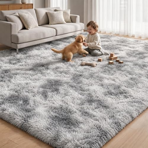 Rugs Living Room 160x230cm, Light Grey Shaggy Rug for Bedroom, Ultra Soft Fluffy Tie Dye Area Rug, Washable Anti Slip Large Carpet for Living Room Nursery Kids Room, Non Shedding Modern Floor Rug