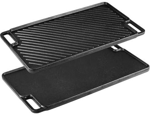 Cast Iron Griddle Pan, Reversible Grill & Flat Plate for Gas Hob, Induction & BBQ, Pre-Seasoned Non-Stick Double Burner Griddle with Handles, Oven Safe & Camping (Right-angled with concealed handle)